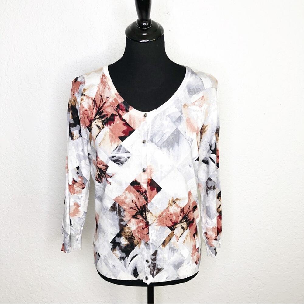 WHBM white gray pink metallic floral geometric snap front cardigan size‎ Large